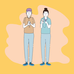 young couple friends listen music with player