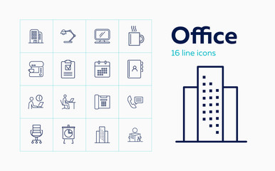 Office line icon set. Lamp, building, stationery. Desk job concept. Can be used for topics like work, workplace, schedule