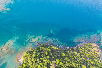 Aerial view of Mediterranean coast in Turkey, beautiful sea and land with trees