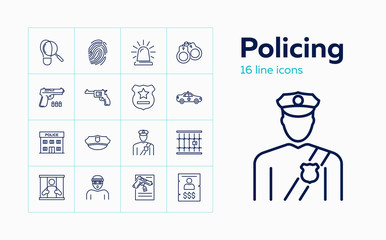 Policing line icon set. Policeman, gun, prison. Law concept. Can be used for topics like justice, punishment, investigation