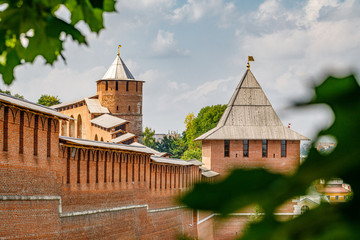 The Kremlin in Nizhny Novgorod. Ancient Kremlin with high towers and red brick walls....