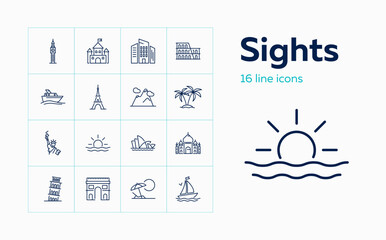 Sights line icon set. Paris, London, New York. Tourism concept. Can be used for topics like vacation, travel, sightseeing