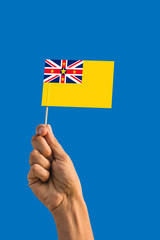 Woman hand holding Niue flag with stick, waving flag on deep blue sky. National theme, deep blue sky.