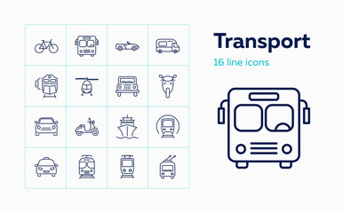 Transport line icon set. Train, ship, helicopter. Transportation concept. Can be used for topics like vehicles, trip, travel