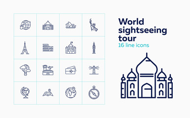 World sightseeing tour icons. Set of line icons. Tourism, map, building Travel concept. Vector illustration can be used for topics like journey, wanderlust, location