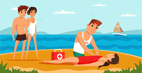 Lifeguard saving drowning flat vector illustration