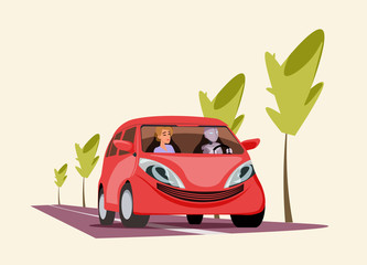 Robot driving car flat vector illustration