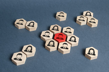 Hexagons with employees form the core around the red leader figure. Leadership and business management, team building, cooperation and brainstorming. Attracting specialists to the project.