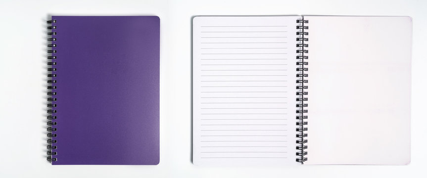 Business concept - Top view collection of spiral kraft notebook front, purple And white open page isolated on background for mockup