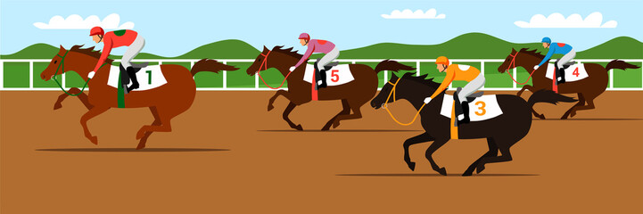 Horse racing competition flat vector illustration - obrazy, fototapety, plakaty