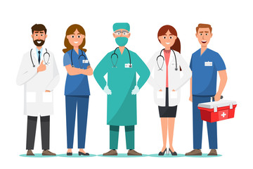 Set of doctor cartoon characters. Medical staff team concept in hospital.