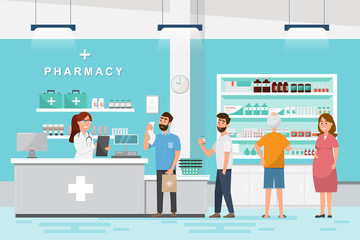 pharmacy with pharmacist and client in counter - obrazy, fototapety, plakaty