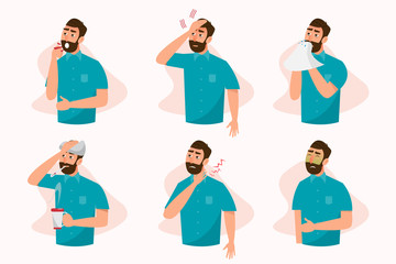 Fototapeta premium Set of sick people feeling unwell, cough, having cold, sore throat, fever, allergy and, headache