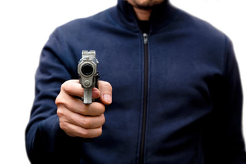 Man Carrying a Toy Gun to Rob the Money on iSolated White Background.