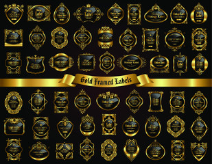 Large collection of luxury dark gold-framed labels in vintage and retro style