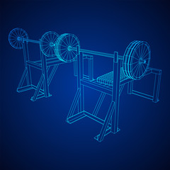 Barbell with weights. Gym equipment. Bodybuilding, powerlifting, fitness concept. Wireframe low poly mesh vector illustration.