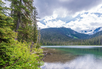 View at Mountain Lake with Dramatic Clouds in British Columbia, Canada.