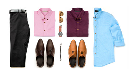 Mens clothing set with dress shoes , watch, black trouser, belt, sunglasses and office shirts...