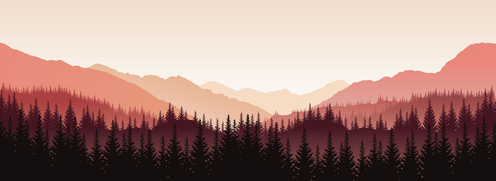 Vector panoramic landscape with red silhouettes of trees and hills