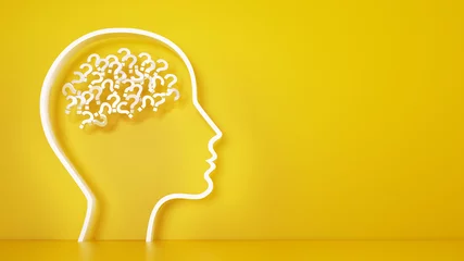 Poster Big head with question marks inside brain on a yellow background. 3D Rendering © alphaspirit