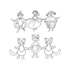 Vector illustration. Set. Children in food costumes. Pumpkin, cat, cupcake, Princess. Halloween costumes. Fancy dresses. Black and white, graphic, contour, isolated, without background.