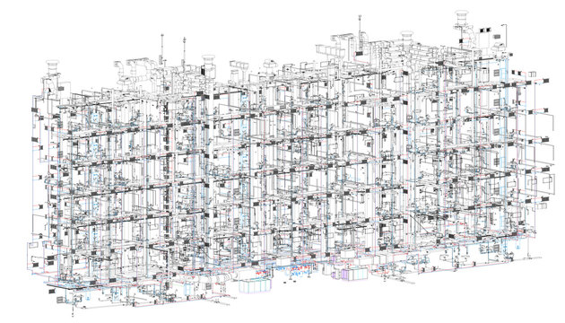 BIM model conceptual visualization of the utilities of the building at wareframe style