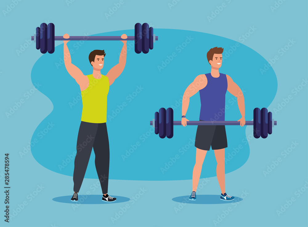 Wall mural set of men with weight to healthy activity