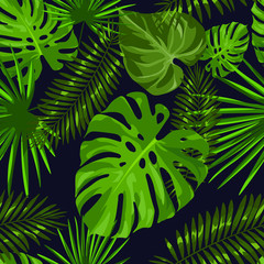 Seamless pattern with tropical leaves. Trendy texture with vector exotic plants. For background, wallpaper, fabric, gift paper design, postal packaging