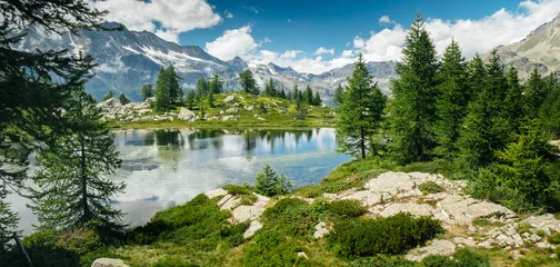 Foto op Canvas Berglandschap met een meer en groene bomen eromheen. Gevoel van vrijheid. Nationaal Park Gran Paradiso, Bellagarda-meer, Ceresole Reale, Piemonte, Italië © Codegoni Daniele