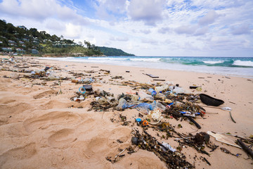 Fototapeta na wymiar Kata Beach, Phuket, Thailand- 28 JULY 2019 : plastic and waste on the beaches