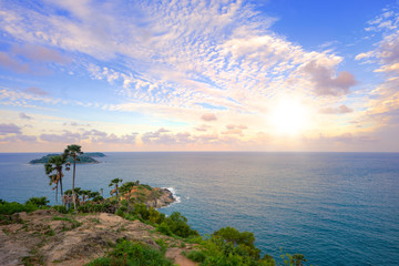 Tropical seascape, Sunset with beautiful sky at Promthep Cape view point Phuket Thailand