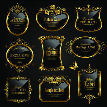 Vector set of various dark gold-framed labels in vintage style