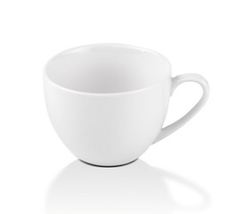Ceramic white tea cup isolated on white background. Side view