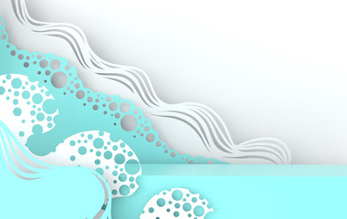 Fototapeta na wymiar Abstract paper art sea or ocean water waves and podium for product presentation. Paper sea waves with lines and bubbles. Paper cut style 3d render mock up
