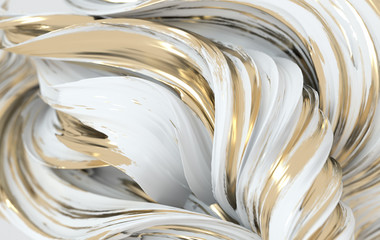 White and golden dynamic abstract twisted shape. 3d render vawe, spiral. Computer generated geometric illustration