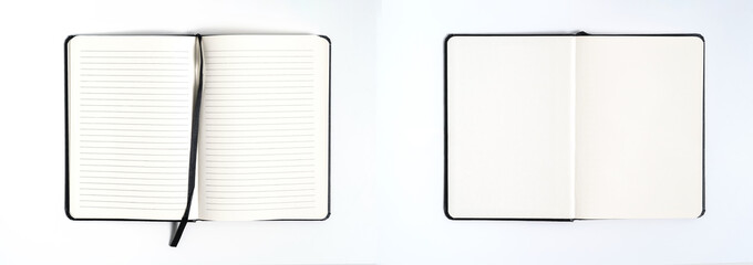 Notebook mock up with clean black blank for design and advertising. Notepad with chromed spring and free copy space template. On the gray background.