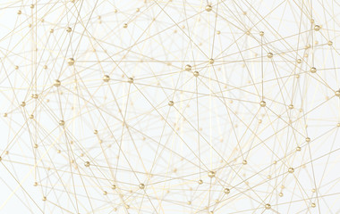 Spheres and tubes connection structure. Golden plexus. Abstract communication background. 3d rendering