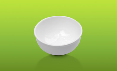 White bowl on gradient pastel background. Side view of ceramic object .
