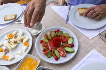 healthy breakfast table, salt shed male hand