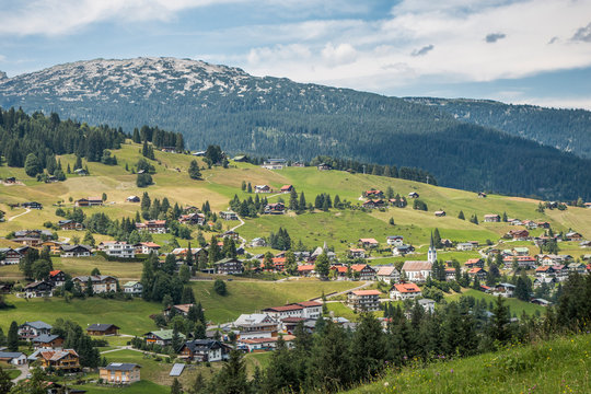 village of Hirschegg, Vorarlberg, Austria with Gottesackerplateau in the background