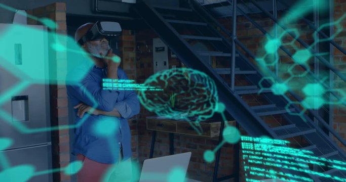 Scientific data with man wearing VR headset in a background 4k