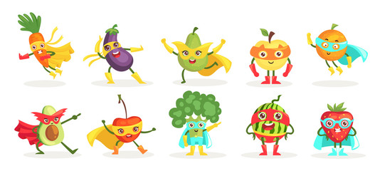 Vegetables superheroes flat vector characters isolated set