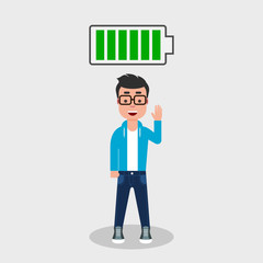 Young man standing below the full battery symbol. Full of energy concept. Happy man feeling strong. Enthusiastic boy waving hand. Being positive concept. Vector illustration flat. 