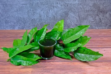 Fresh organic Bai Ya Nang (Tiliacora Triandra, Yanang) juice in a glass on wooden table decorated with leaves on cement background.