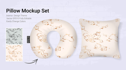 Realistic travel neck pillows mockup template and cover cushion case, Printable graphic for Home decorative theme design with marble golden texture (Vector set template, Fully editable color change) 