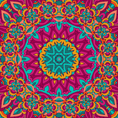 Tribal ethnic indian ethnic seamless vector design. Festive colorful mandala pattern. Geometric mandala fantasy boho flowers. Holi festival background