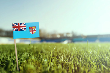 Miniature stick Fiji flag on green grass, close up sunny field. Stadium background, copy space for text.