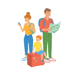 A family of tourists travels with suitcases. parents and children on vacation. vector hand drawn isolated illustration.