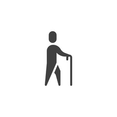 Old man walking with stick vector icon. filled flat sign for mobile concept and web design. Walking human with a stick glyph icon. Symbol, logo illustration. Vector graphics