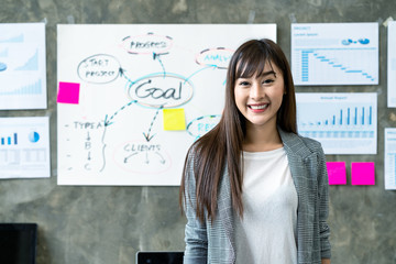 Portrait of Happy asian woman standing in smart office workplace with document plan and goal on...